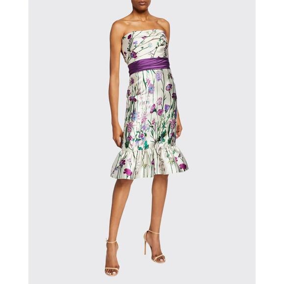 Marchesa Notte Floral Strapless Mikado Dress Cream Size 2 - Picture 2 of 11